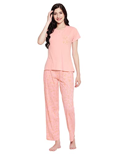 Image of Clovia Women's Cotton Doodle Print Top & Pyjama Set in Pink