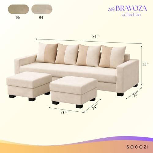 Image of SOCOZI Braviza 6 Seater L Shape Sofa Set with 2 Movable Ottomans | Flexible Layout | Soft Velvet Suede Fabric | Modern Design | Plush Comfort Cushions for Living Room (Beige-Cream)