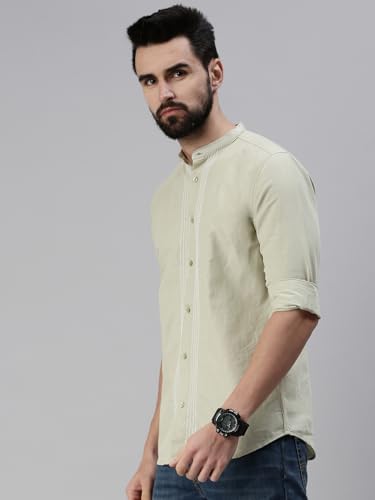 Image of SHOWOFFFF Men Solid Casual Shirt | Mandarin Collar Full Sleeves Cotton Shirt for Mens | Slim Fit Regular Length Shirt for Men's