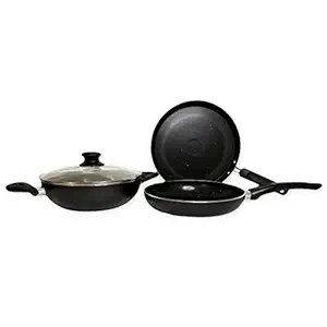 SAVYA HOME 3 Piece Non Stick Set | Non Stick Tawa 2.4mm | Non Stick Kadai | Frying Pan Non Stick | with Lid | Stove & Induction Cookware| 3 Layer Coating Non Stick Set Combo | 2 Year Warranty - Black