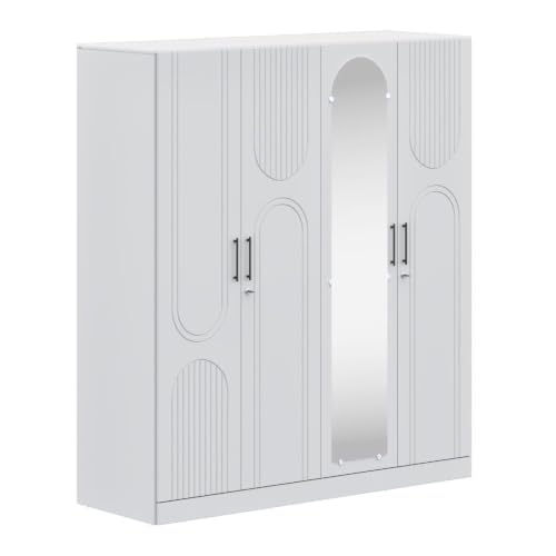 Image of Wakefit Tyrian Plus 4 Door with 4 Shelves 2 Drawers 2 Hanging Areas 1 Mirror SH3-Carcass: Frosty White,Shutter: White