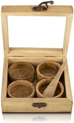 Handmade Wooden Seasoning Herb Spice Masala Box Container Holder Rack Stand Caddy With Spoon & Clear Lid Decorative Storage Chest Organizer For Kitchen Pantry Cabinet Drawer Storage 15 x 15 cms
