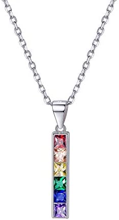 925 Sterling Silver LGBT Pride Necklace Love Wins Equality Jewlery Platinum Plated Cubic Zirconia Crytal Bisexual Bi Lesbian Gay Flag Pendant Necklaces for Girls Women