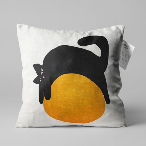 OyzShop White Cushion Cover with Lazy Black Cat on the Orange Ball Design, Double Sided on the Soft Velvet Fabric with Multi Sizes, OEKO-TEX 35x35cm (14x14 Inches)