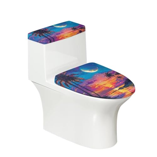 Bivxisrvo Hawaii Sunset Print Toilet Lid Cover and Toilet Tank Cover Polyester Fabric Toilet Cover Set Stretch Washable Tank Protector Cover Suitable for Home School Hotel Dormitory Apartment