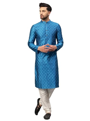 Image of LATEST CHIKAN Men's Silk Chikankari Kurta with Cream Churidar | Festive Set - KP Silk BANARSI