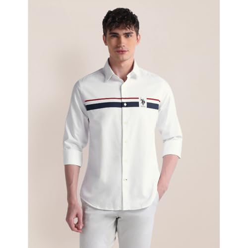 Image of U.S. POLO ASSN. Mens Cotton Regular Fit White Solid Collared Neck Long Sleeve Casual Shirts