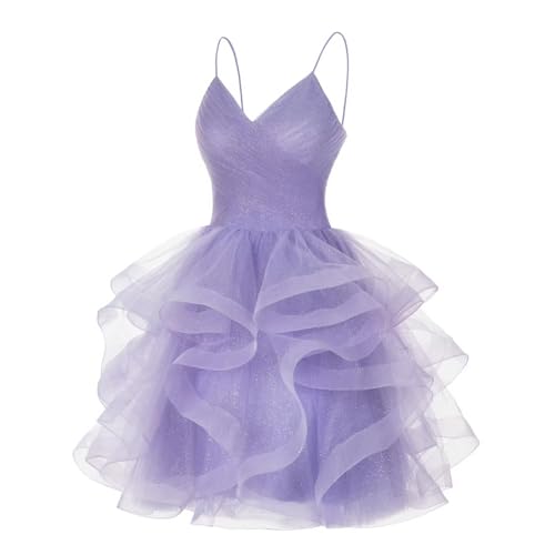 YOFF Glitter Tulle Tiered Short Homecoming Dresses for Juniors 2025 Ruffle A-Line Spaghetti Straps Prom Cocktail Dress YO0673