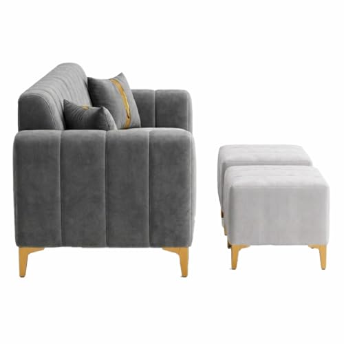 Image of FURNY Harmony 5 Seater L Shape Sofa Set with 2 Movable Ottoman & Golden Legs | Flexible Left or Right Layout | Plush Velvet Fabric (Dark Grey-Light Grey) | Perfect For Living Room, Guest Room & Office