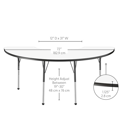 Image of FDP Dry-Erase Half Moon Activity School and Office Table (36 x 72 inch), Standard Legs with Ball Glides for Collaborative Spaces, Adjustable Height 19-30 inches - Whiteboard Top and Black Edge