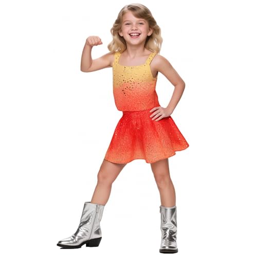 ASAOHAO Girls Sparkly 2 Pieces Outfit Kids Crop Top and Skirt Set Music Party Dress Orange 6-7 Years