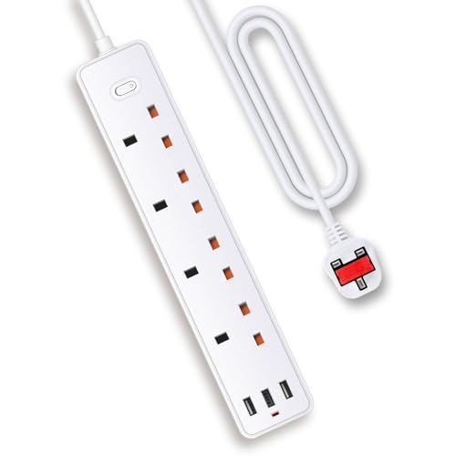 Extension Lead with 4 Way Plug Sockets Wall Mountable Extension Socket with Individual Switches and 3 USB (1 USB C) Charging Ports 13A 3250W 1.85M Extension Cord White (White 1.85M)