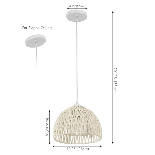 Image of JONATHAN Y 10.25 inch Cream Modern Bohemian Woven Rope LED Pendant Light Fixture, Adjustable Dome Ceiling Lamp for Kitchen Island, Rope Shade, Coastal Farmhouse Decor (JYL6513C)