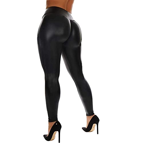 RIOJOY Womens Sexy Leather Leggings PU High Waist Butt Lifting Pleather Pants Stretchy Faux Leather Tights Push Up (A-Class Matt Black,L)