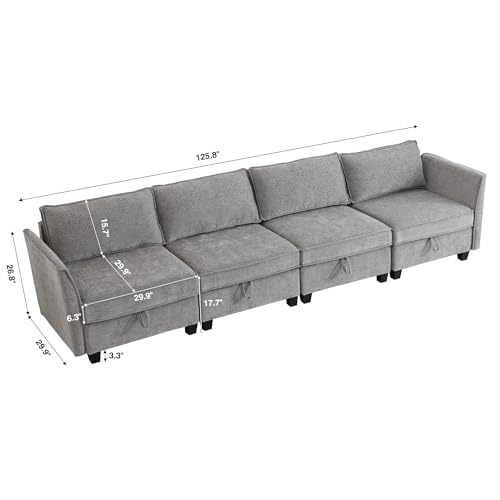 Image of Modular Sectional Sofa, Convertible Couch with Storage, 4 Seater Sofa Modular with Reversible Chaise for Living Room, Office (Grey)
