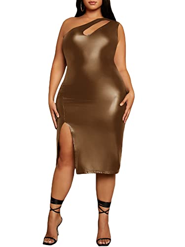 Women's Plus Size PU Leather Cut Out One Shoulder Split Thigh Bodycon Midi Dress Bronze 2XL