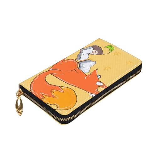 Leather Women Wallets, Long Credit Card Holder, Sunflower seeds and foxes Print Billfold Clutch & Travel Purse Large Capacity3
