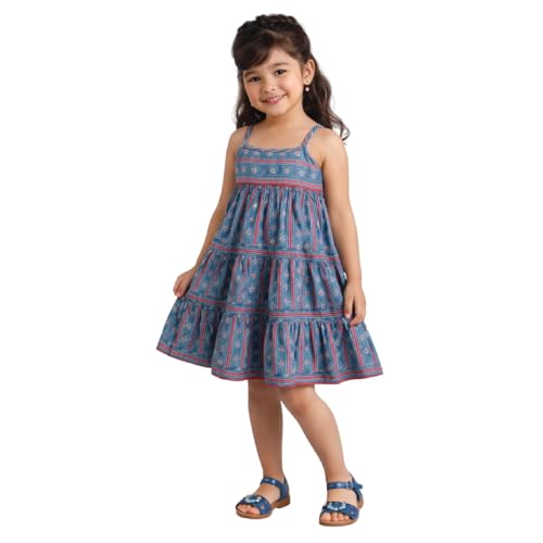 Image of The Magic Wand Kids Girls Printed Cotton Summer Dresses, Knee Length Sleeveless Casual Western Stylish One Piece Fit & Flared Frock for Beach & Vacations