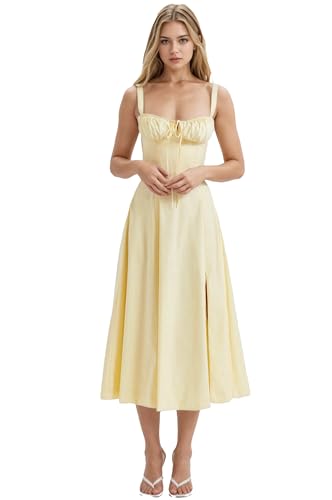 Women Floral Corset Dress, Boho Summer Spaghetti Straps Square Neck Casual Midi Dress Flowy Slit Bustier Dresses