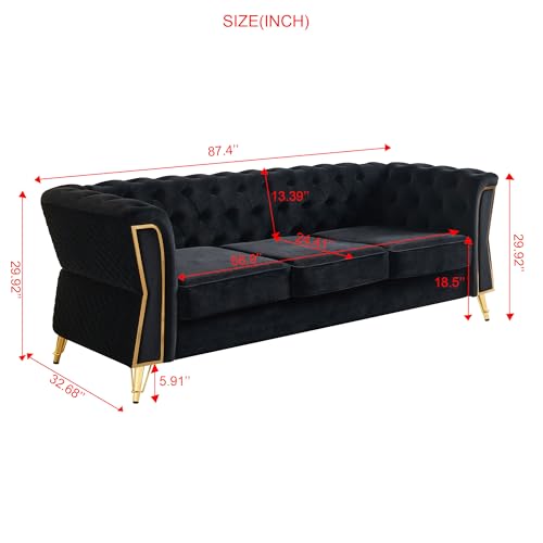 Image of KEIKI 87 inch Chesterfield Velvet Button Tufted Sofa with High Density Foam Cushions, Modern Style 3-Seater Couch with Gold Strip Trim Decoration, Easy Assembly, for Apartment, Living Room, Office, Black