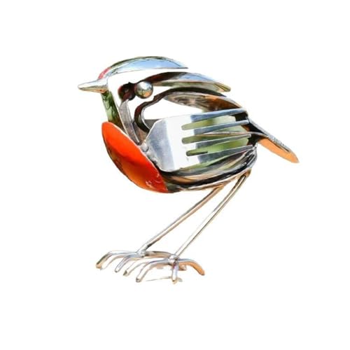 Handmade Metal Robin Bird Sculpture, Upcycled Cutlery Art Statue, Rustic