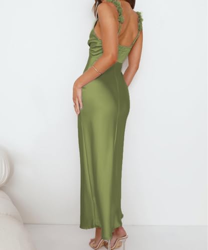 Image of Phicia Summer Satin Spaghetti Strap V Neck Midi Dresses for Women Wedding Guest Elegant Flower Backless Cocktail Formal Dress