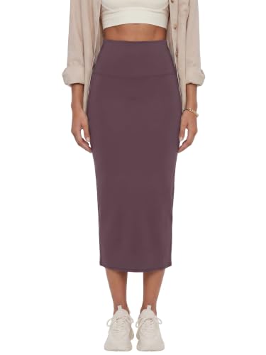 Image of Rooscier Women's High Waisted Pencil Midi Skirt | Stretchy Bodycon Knee Length Skirts with Back Slit