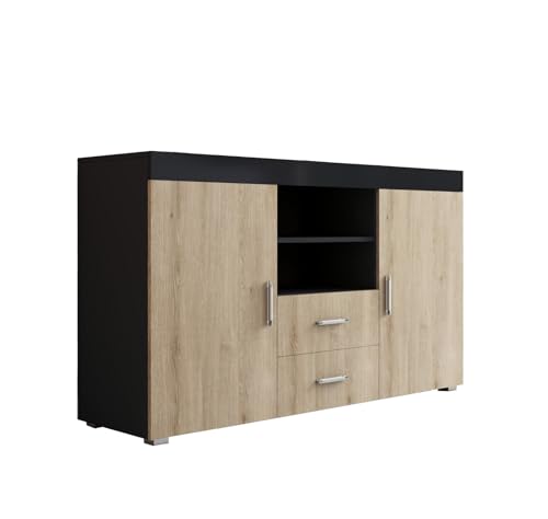 MB Muebles Bonitos, Aparador Roque para Salón Comedor Moderno, Mueble TV de Melamina, Color Negro Brillo y Sonoma Mate, 140x80x40 cm