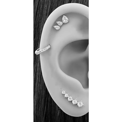 Solid 14k Gold Graduated Crawler Curved Bar Climber Five Stone Stud Earrings4