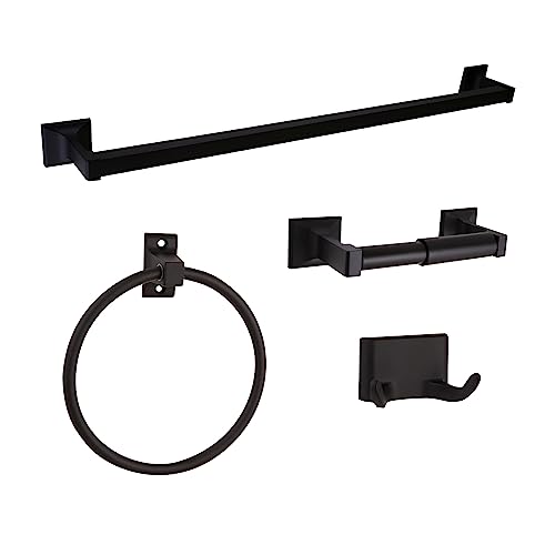 Image of Design House Millbridge 4-Piece Bathroom Accessory Set, Matte Black, Includes Towel Bar, Towel Ring, Toilet Paper Holder, and Robe Hook - Design House, 534628