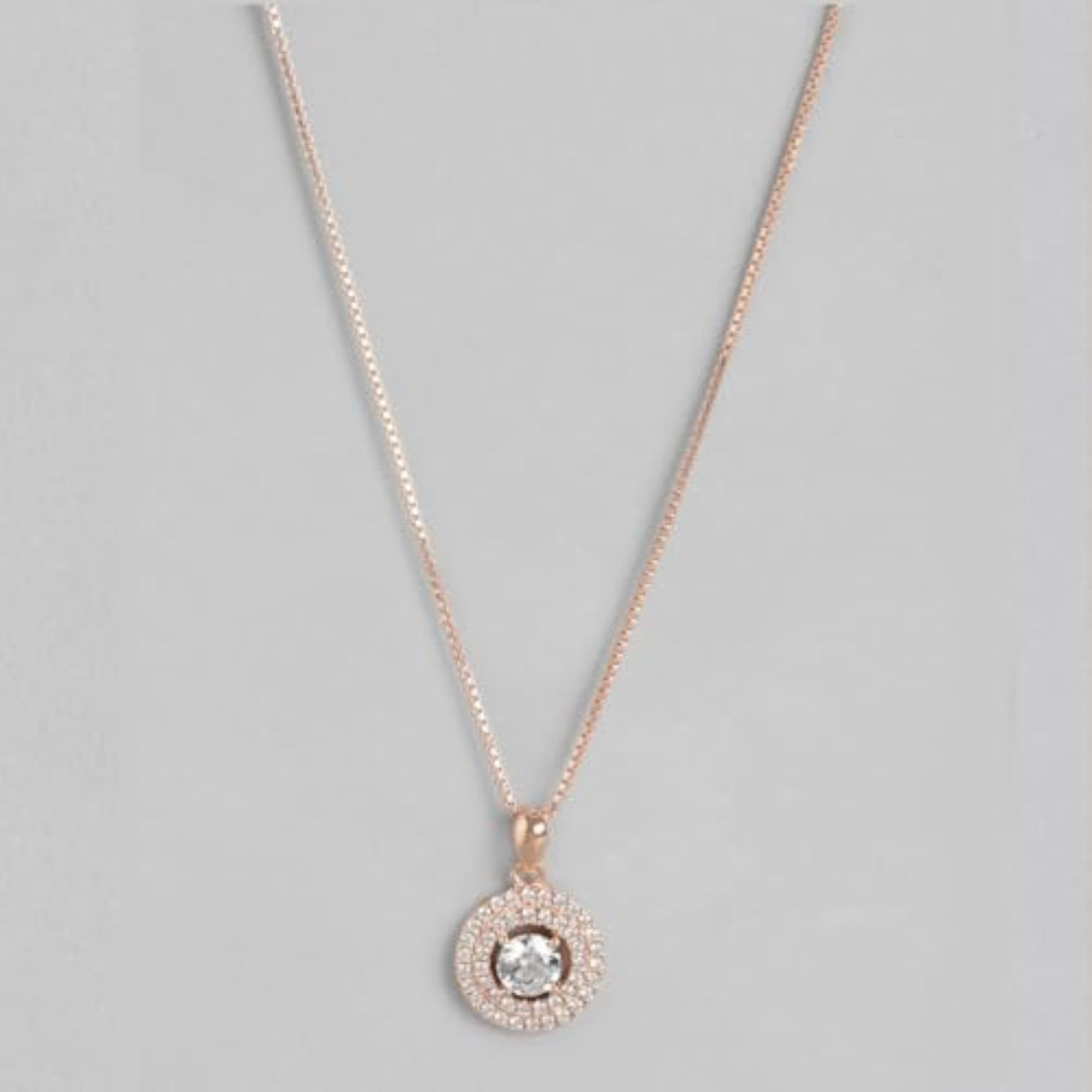 Women's 925 Sterling Silver Circular Solitaire Halo Pendant Chain, Rose Plated