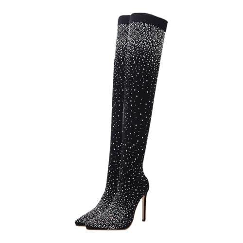 KOMBIUDA Botines de Tacón con Punta y Brillo de para Mujer Botas Elegantes Negras para Fiestas Ocio y Bodas Calzado Cómodo Moda para Otoño Invierno