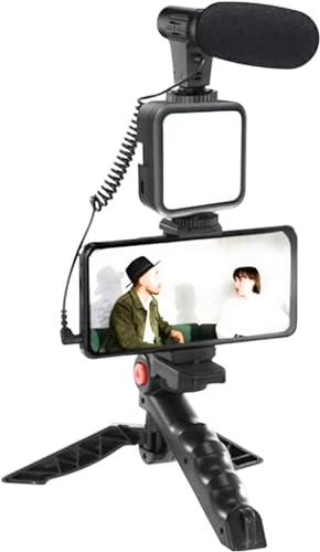 Image of Vlogging Studio kits, Mobile Phone Holder + Hand Grip /Mini Tripod Compatible with Smartphones for TikTok, Youtube, Live Streaming, Vlogging inchLike Me inch LED Video Light + Microphone