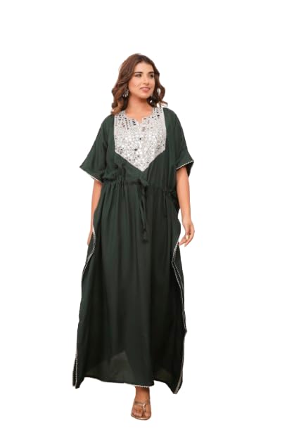 Elegant Mirror Work Kaftan for Women with Designer Neck & Adjustable Waist | Ethnic Wear. (Green)-picture-14