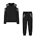 Women Tracksuit Y2K 2 piece Outfits Pearls Cold Shoulder Long Sleeve Tops and Jogger Pants Set Fashion Casual Streetwear Black