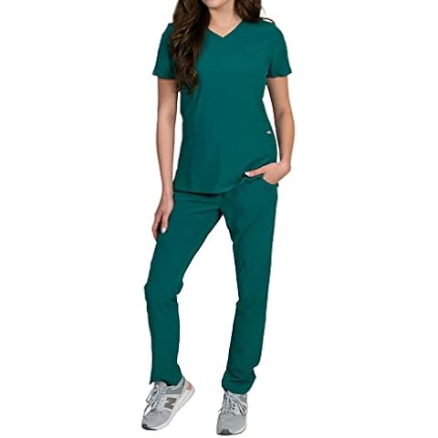 Medgear Celeste Women's Stretch Scrubs Set Cross Over Neckline Top and Slim Leg Pants (Hunter Green, X-Large) Cover