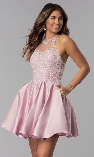 Short Beaded Homecoming Dresses with Pockets Laces Applique Prom Dress Satin Cocktail Dresses for Teens BG3