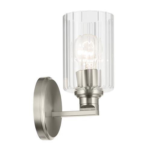 Image of Kichler Gioe 5 inch 1-Light Wall Sconce with Clear Fluted Glass in Brushed Nickel, Damp Rated, for Powder Room, Kitchen, Hallway, Bedroom, Fireplace, (5 inch W x 9.5 inch H), 55224NIFLU