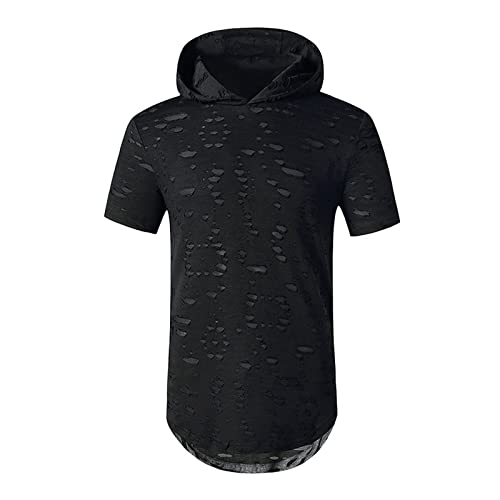 Men's Ripped Hoodies T-Shirt Hipster Short Sleeve Solid Color Tee Shirts Summer Fashion Workout Top Gothic Punk Tops Black #TOP22