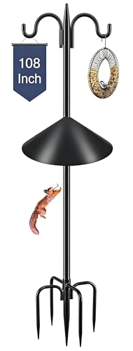 Gtongoko Bird Feeder Pole Squirrel Proof, 108 Inch Double Shepherds Hook for Outdoor with Squirrel Baffles Adjustable Heavy Duty with 5 Prongs Base for Hanging Plants, Bird Feeders, Black