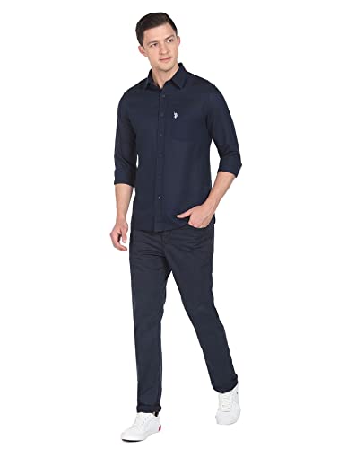 Image of U.S. Polo ASSN. Men's Solid Cotton Linen Tailored Fit Spread Collar Casual Shirt