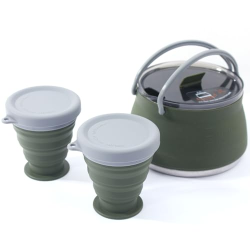 Set di pentole da campeggio all'aperto, set di pentole pieghevoli portatili con manico in silicone anti-scottatura e bocca filtrante per escursioni e viaggi set 7