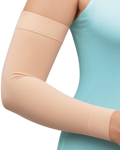 KEMFORD Compression Lymphedema Arm Sleeves for Women - 15-20 mmHg, 1 Pair, Beige, L - Medical Arm Brace for Swelling, Edema, Circulation