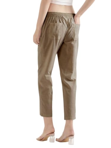 Image of SAADAA Women's Airy Linen Straight Pants | Regular Fit Trousers | Half Elasticated with Drawstrings & Buttons | 4 Pockets | Everyday & Office Wear