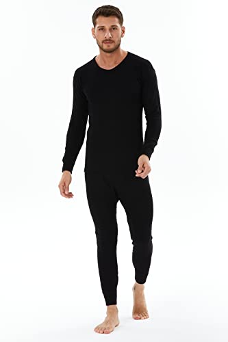Base Layer Merino Wool 100% Natural Top Bottom Men's Old Fashion Thermal Long Johns Set Leggings Midweight Long Sleeve Shirt (Black - Set, Large) #TOP1