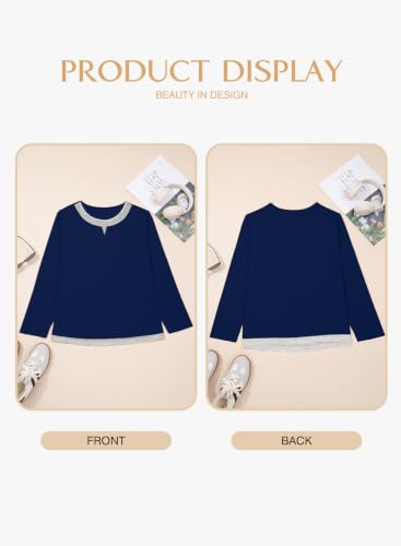 Image of Eytino Women Plus Size Fall Tops Patchwork Shirts(1X-5X) | Casual Crewneck Long Sleeve,Fashion Color Block Basic Tees,Loose Fit Blouse