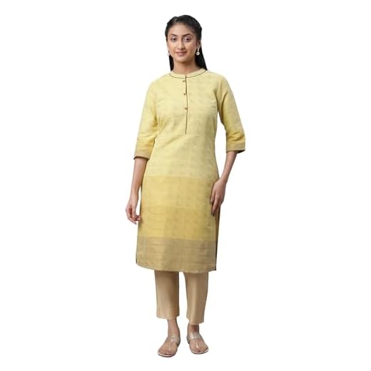 Aurelia Yellow Self-Design Cotton Straight Long Kurta for Women