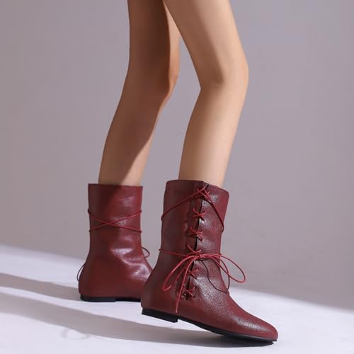 Women's Lace up Mid Calf Boots with Flat Heel4