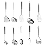 hocadon 10er Küchenhelfer Set Küchenutensilien Edelstahl Kochlöffel Set Edelstahl Küchen Utensilien Set mit Pfannenwender, Suppenkelle, Schaumlöffel, Schneebesen usw