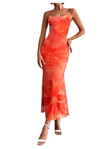 GORGLITTER Women's Floral Mesh Bodycon Fishtail Maxi Dresses Open Back Bow Tie Birthday Wedding Guest Dinner Long Dress